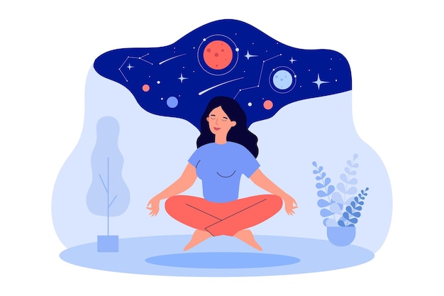 Imagen de una persona meditando con pensamientos y deseos flotando a su alrededor