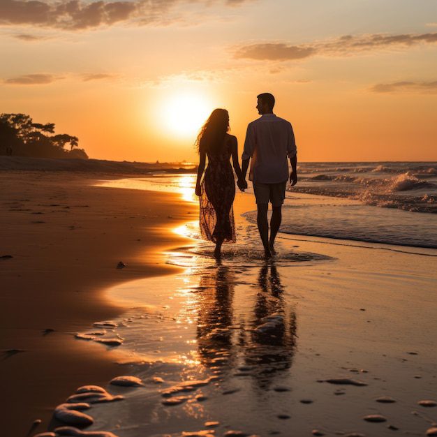 Pareja caminando de la mano en la playa